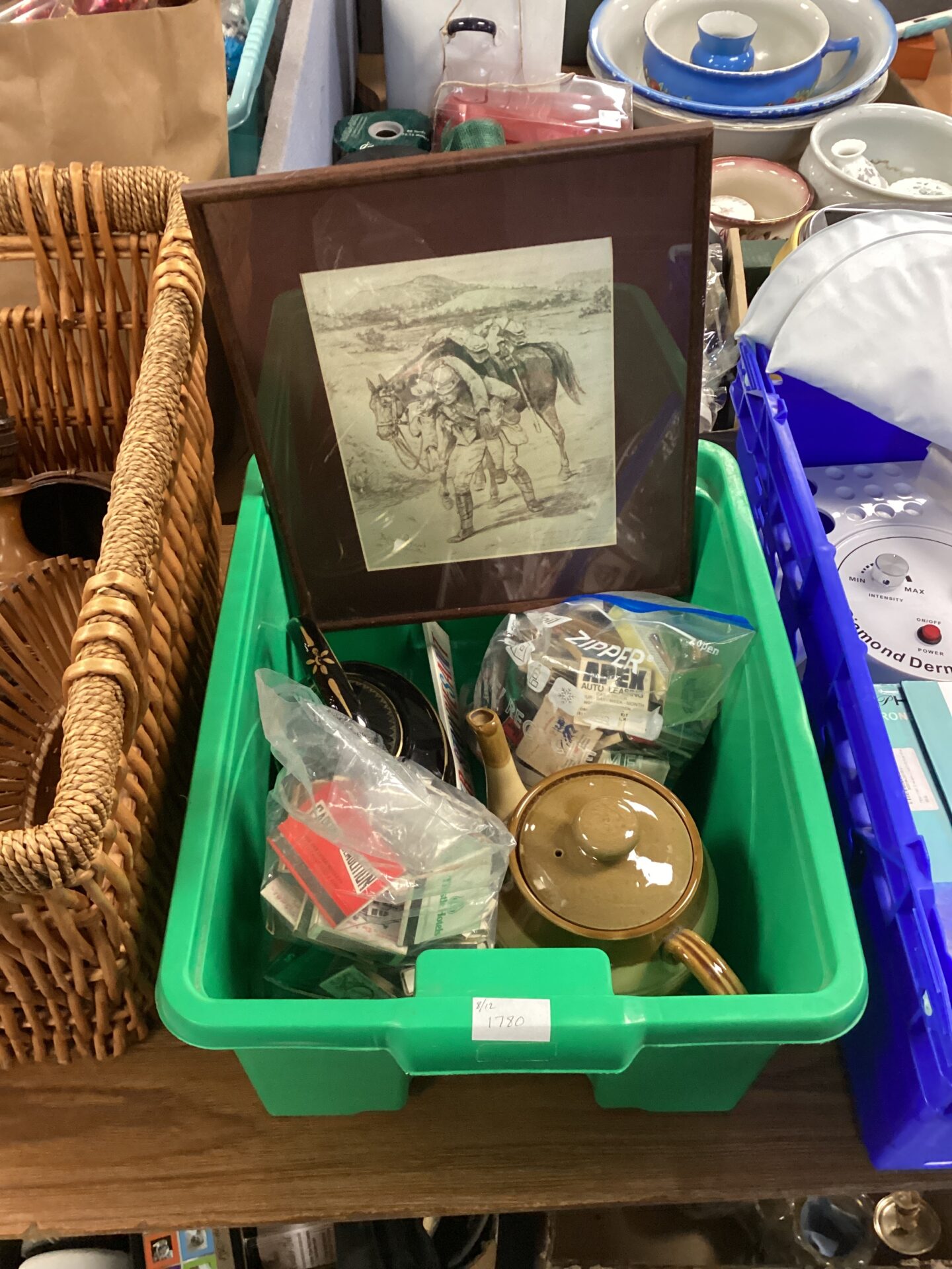 473 box of mixed teapots and matches and framed military rescue print