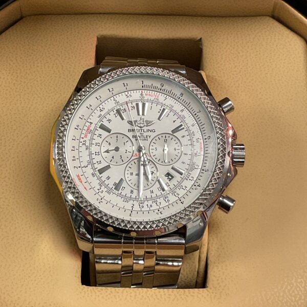 Front view of a stainless steel Breitling Bentley style wristwatch.