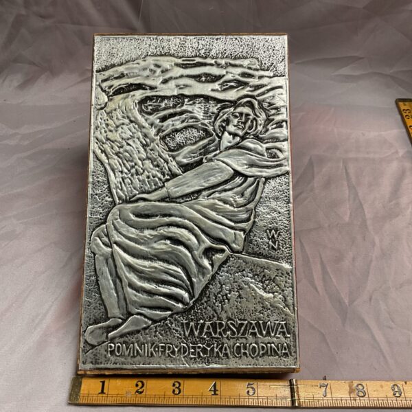 Vintage whitemetal plaque of the Fryderyk Chopin monument in Warsaw.