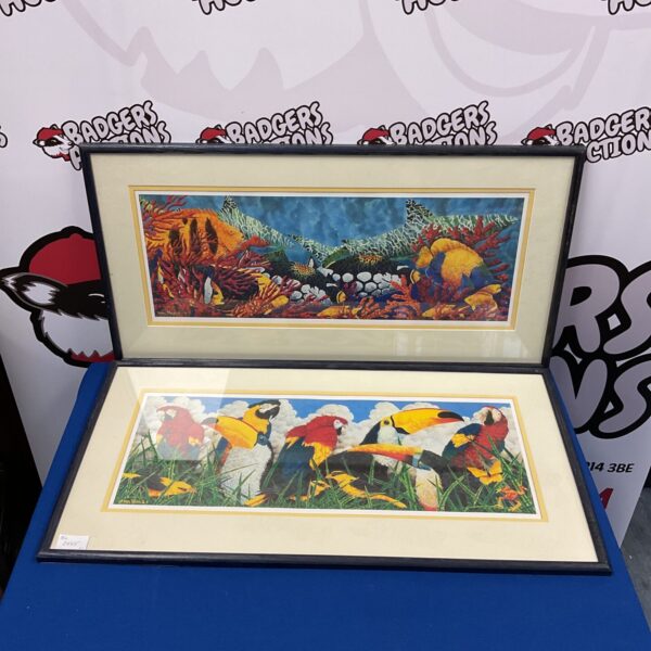 Vibrant Jim Hanes print of colourful tropical parrots.