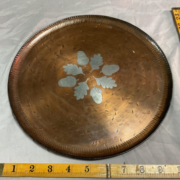 Vintage Hugh Wallis copper tray with pewter oak leaf inlay.