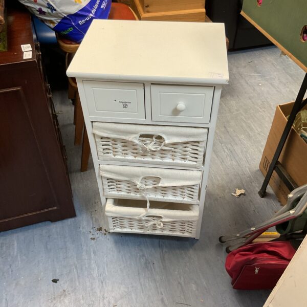 White basket drawers storage unit for bedroom or home.