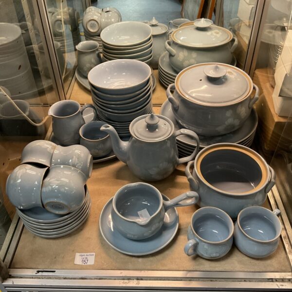 Vintage Denby Blue Dawn dinner service set on display.