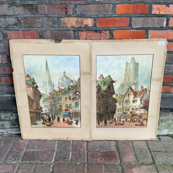 Victorian town scene watercolour painting by Paul Braddon with cathedral.