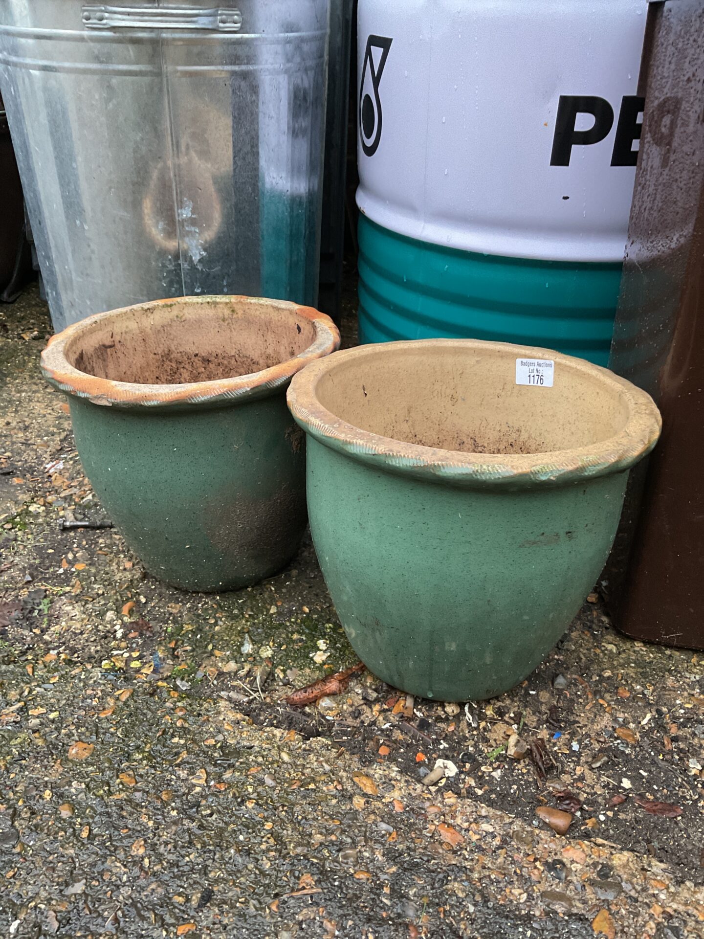 1176 Pair of green glazed garden plant pots