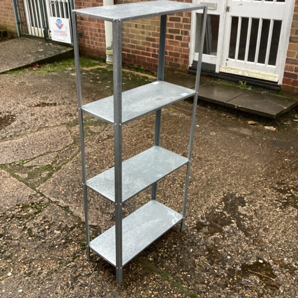Front view of a four-tier galvanised metal shelving unit.