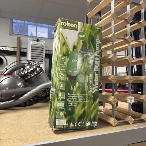 Rolson water butt pump in original packaging, garden irrigation.
