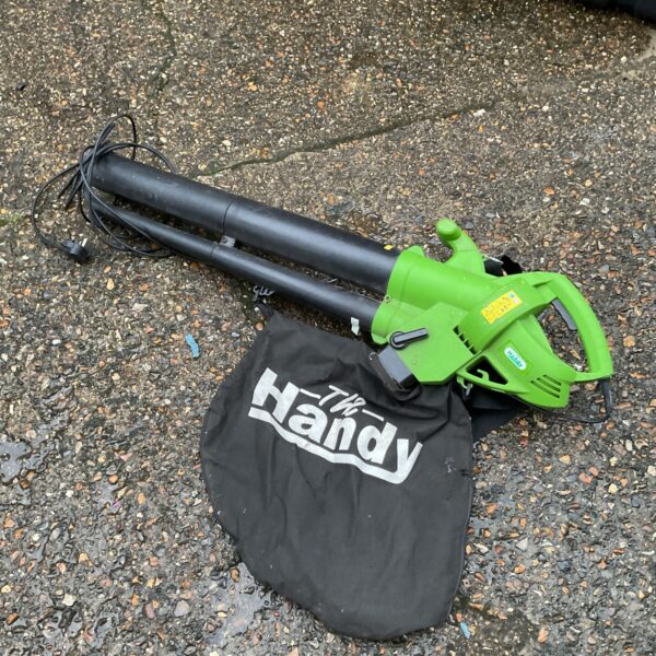 Handy electric garden blower vac with collection bag.