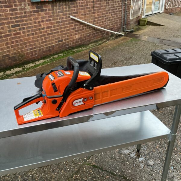 Orange Parker petrol chainsaw for garden and landscaping use.