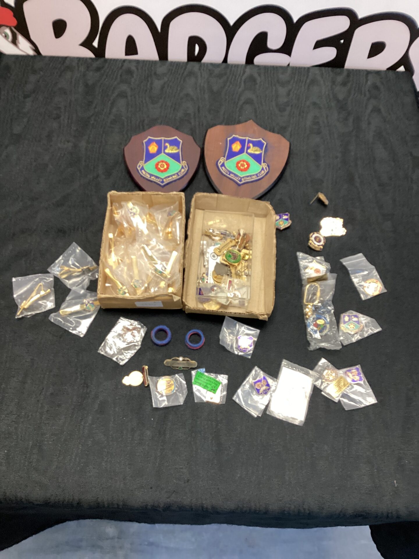 252 Selection of collectable badges and tie pins plus shields