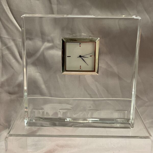 Waterford Crystal desk clock with clear crystal block and minimalist face.