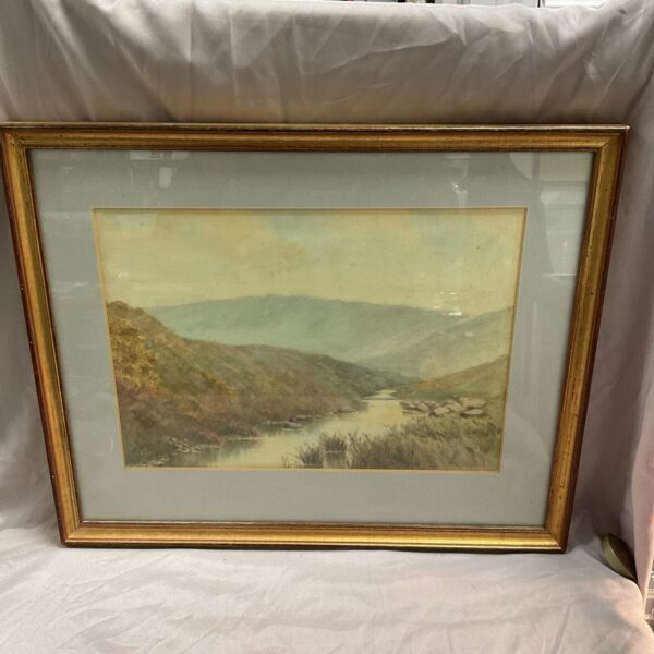 Vintage watercolour painting of a Scottish river landscape by D Staples.