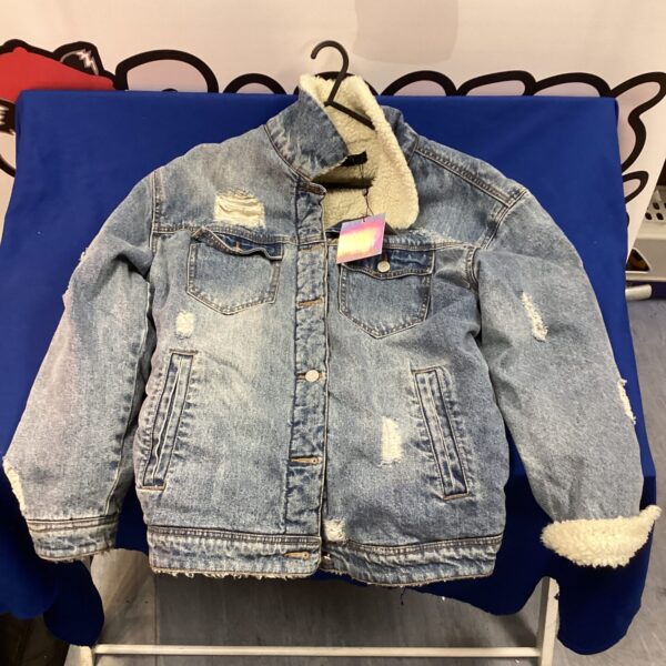 Missguided size 8 denim fleece lined jacket, front view.