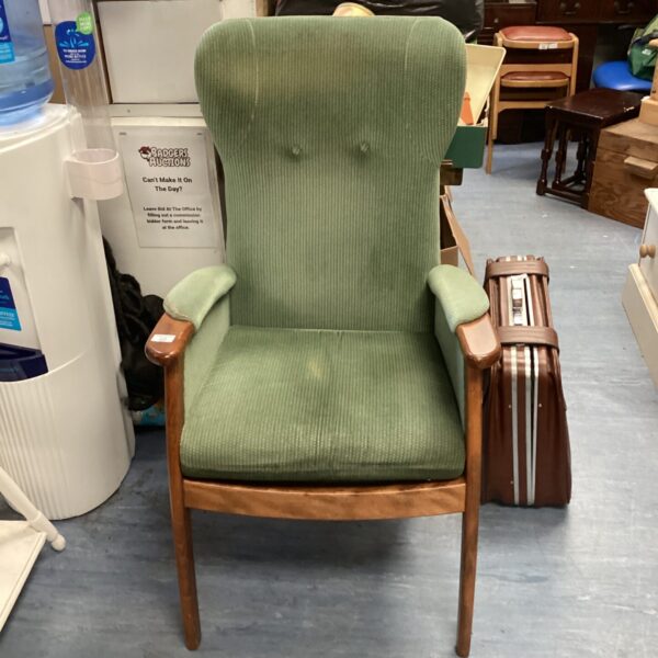 Green Parker Knoll wingback chair, vintage mid-century modern style.