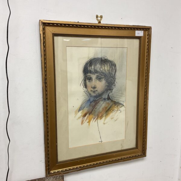 Antique watercolour portrait of a boy in a high collar tunic.