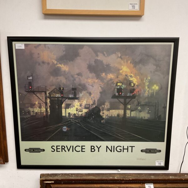 Signed British railway print depicting a night scene with a steam train.