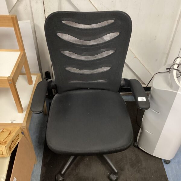 Black mesh ergonomic office chair with adjustable height.