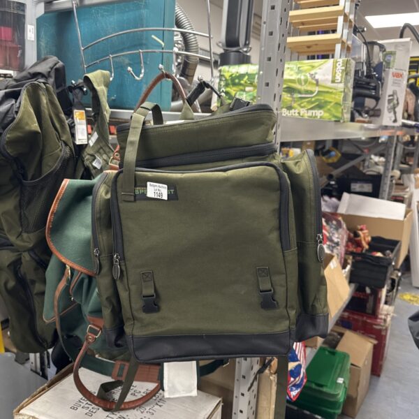 Empty Drennan fishing rucksack, specialist angling tackle bag.