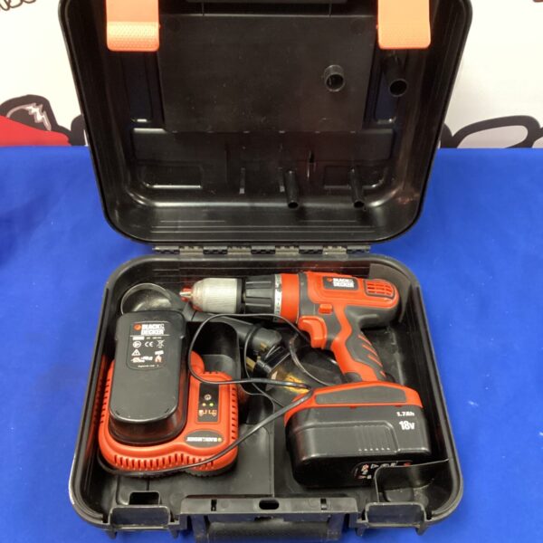 Black and Decker cordless drill in open carrying case with charger.