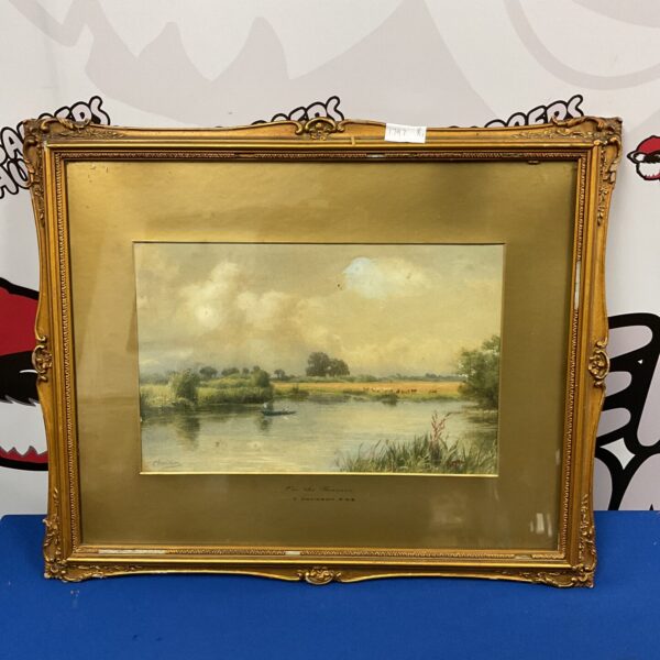 Signed C Davidson watercolour painting of a Thames river scene with fishermen.