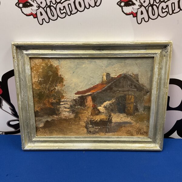 Vintage farmhouse oil painting signed ival with horse and cart.