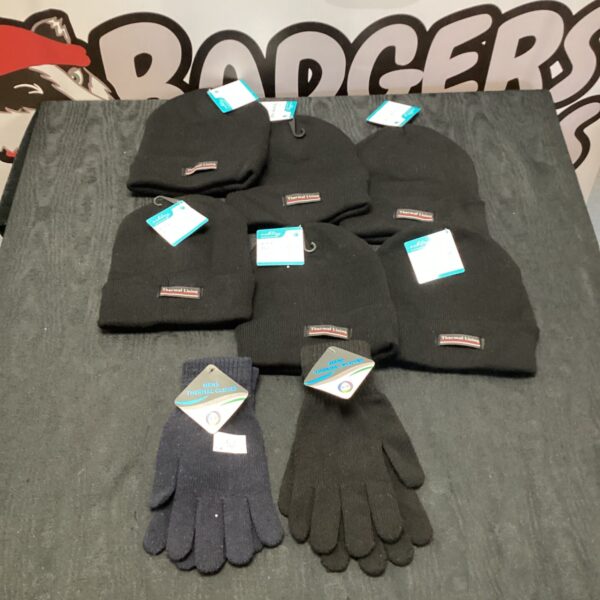 Black thermal beanie hats and gloves lot for winter warmth.