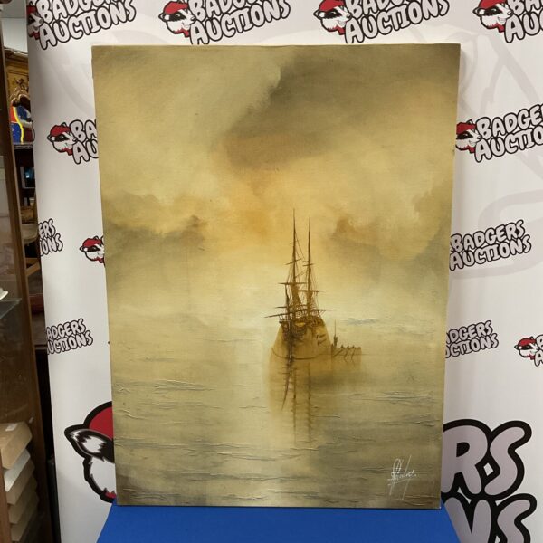 Vintage oil painting of a ship at sea signed Huxley.