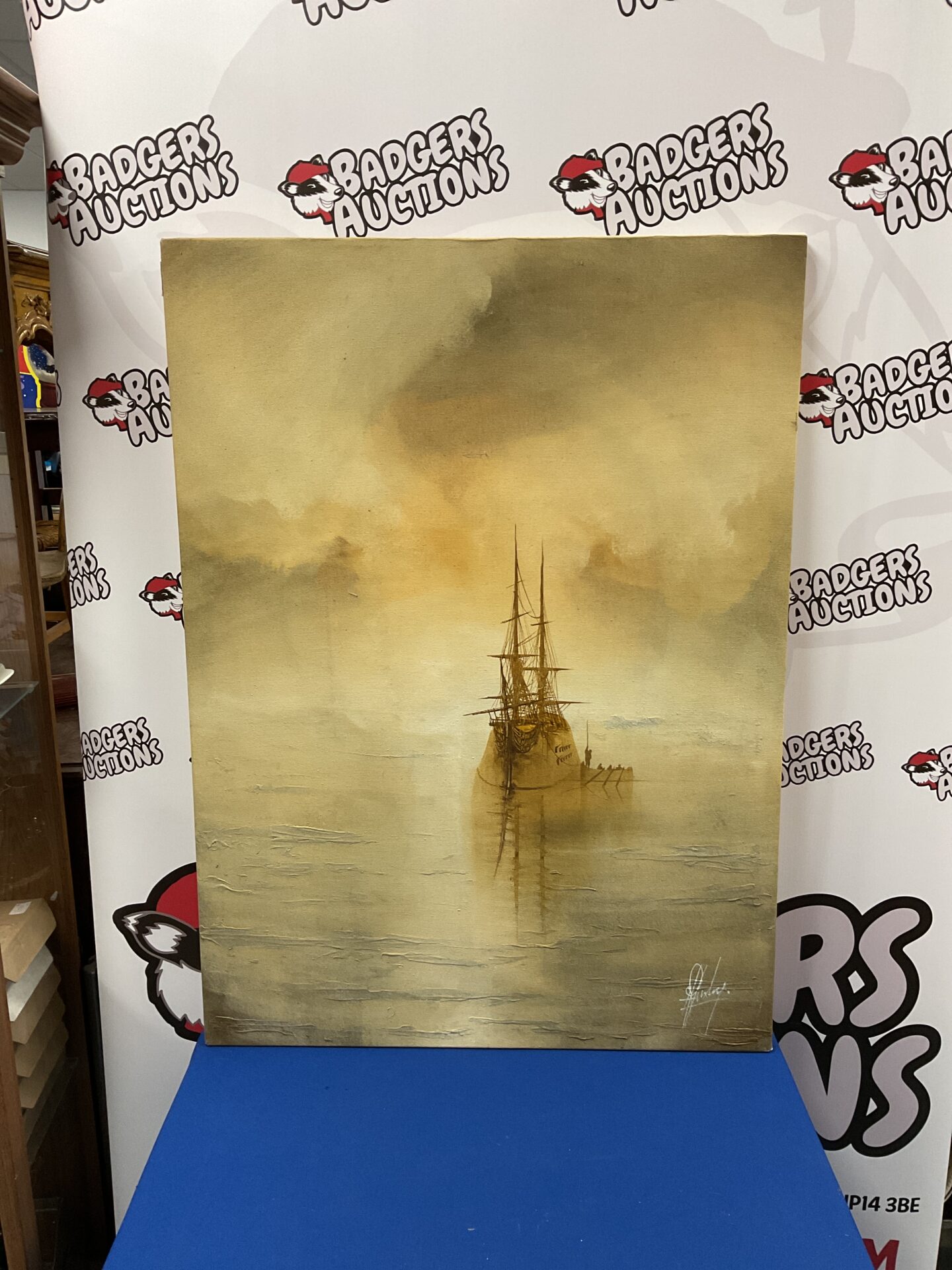 774 Large oil on canvas artwork of ship in the mist signed huxley