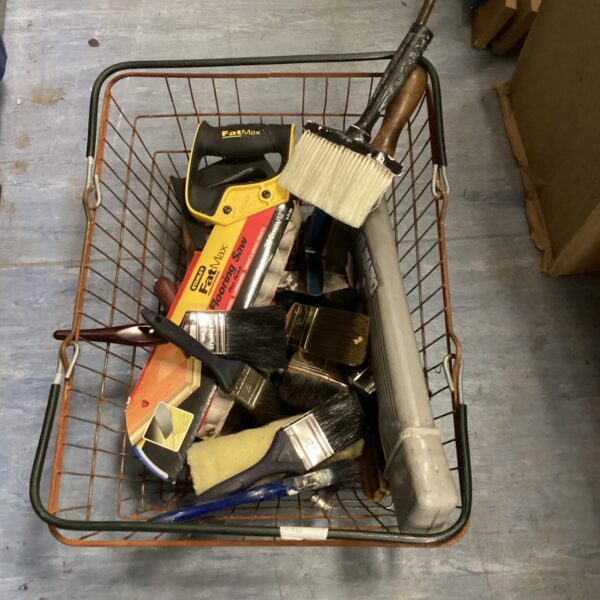 Mixed tool lot with paint brushes and FatMax utility knife.