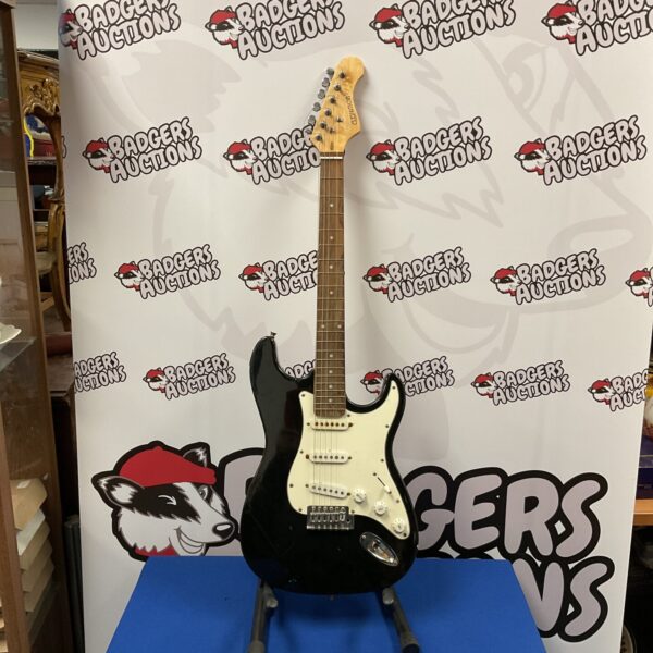Black Elevation electric guitar with chrome hardware and maple neck.