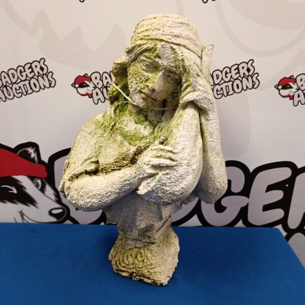 Vintage stone lute player bust for garden or home decor.