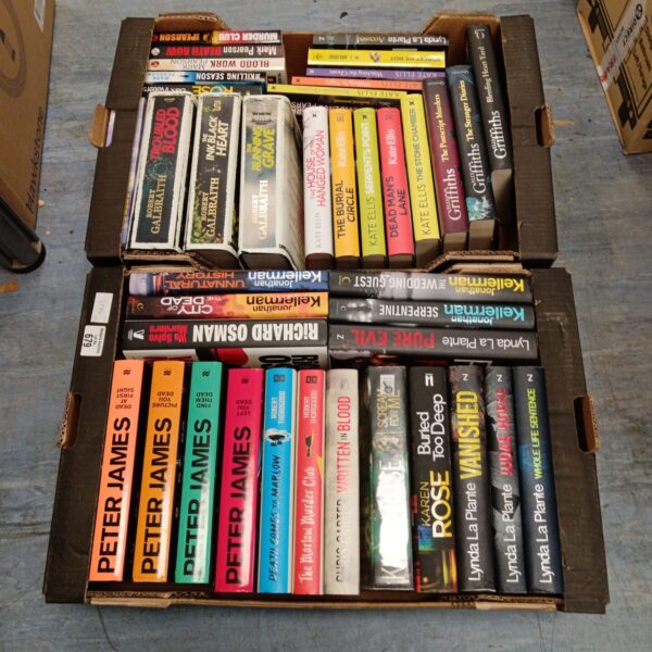 A stack of paperback books by Peter James and Richard Osman.