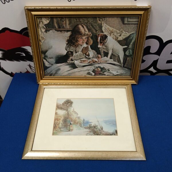 Vintage framed print of a boy and dog, antique advertising art.