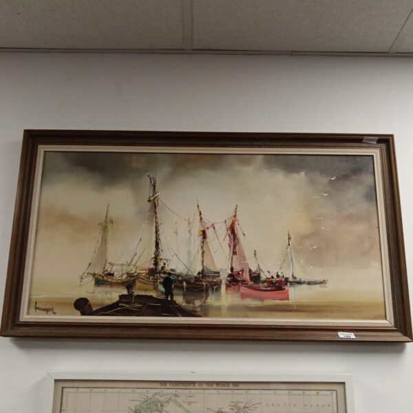 Vintage oil painting of sailboats in a bustling harbour scene.
