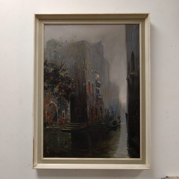 Signed Venice canal oil painting by Bragadin, vintage Italian art.