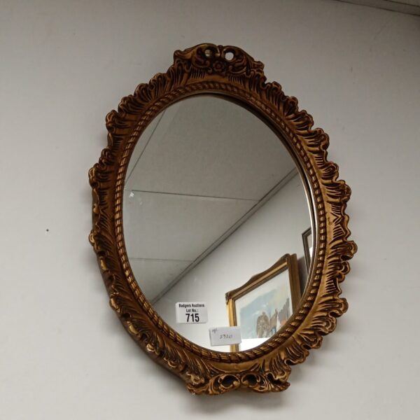 Ornate vintage gilt framed oval mirror for wall decoration.