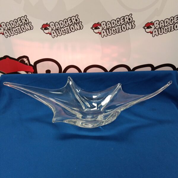 Large clear Murano style glass fruit bowl with flowing design.