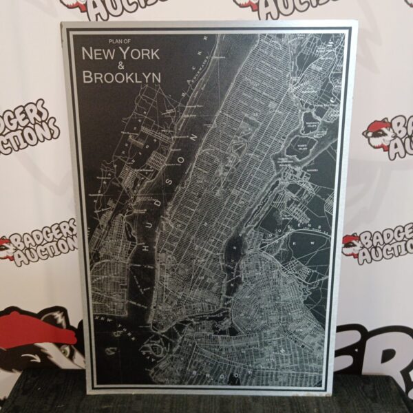 Vintage metal wall plan of New York and Brooklyn city map.