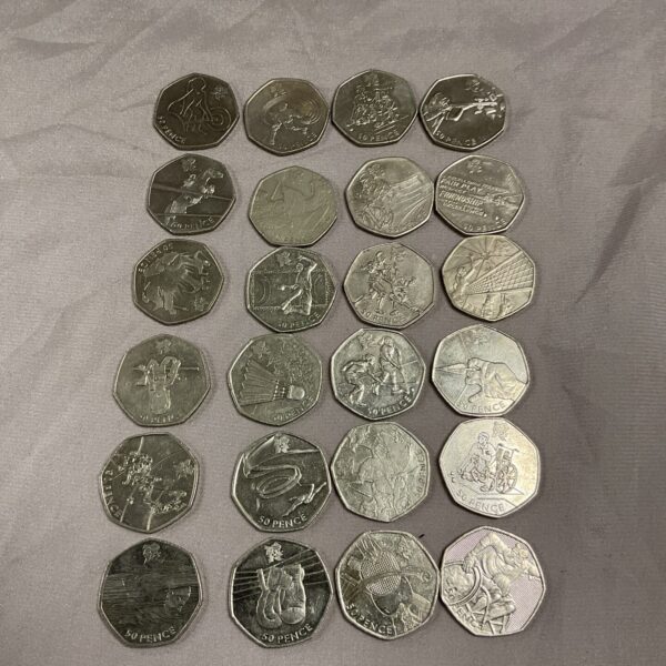 Lot of twenty-four 2011 Tokyo Olympics 50p coins for collectors.