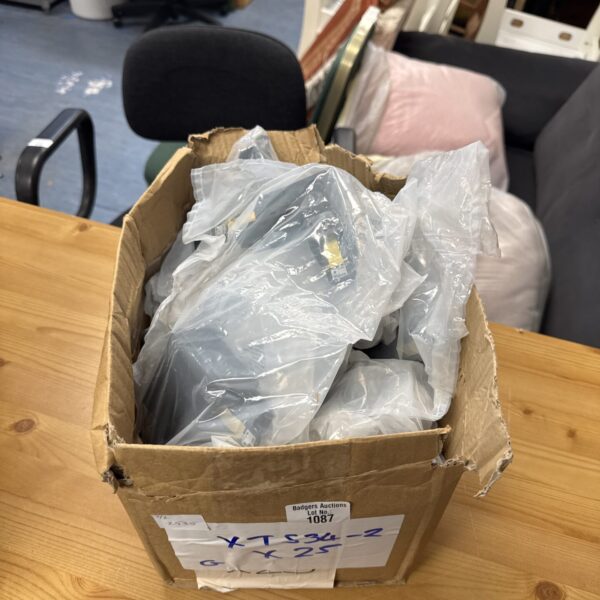Stack of twenty-five Global Industrial shop light fittings, model xts34-2.