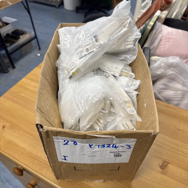 Stack of 28 Global Industrial xts24-3 shop light fittings in a cardboard box.