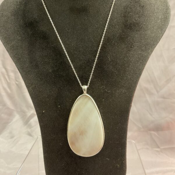 Close-up of a silver chain necklace with a shell pendant.
