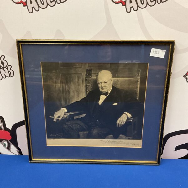 Vintage monochrome print of Winston Churchill, wartime leader.