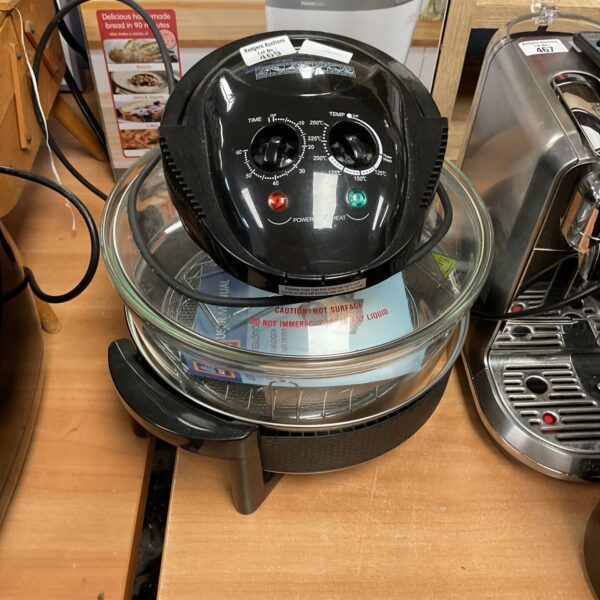 Aldi halogen air fryer with glass bowl and timer controls.