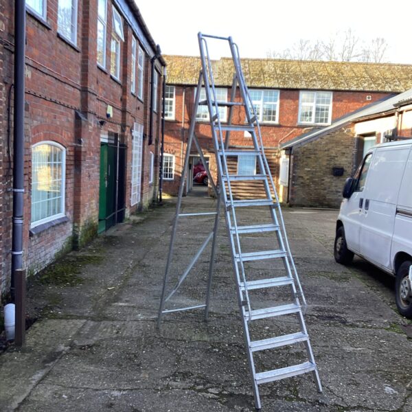 Aluminium step ladder in a garden setting, providing access at height.