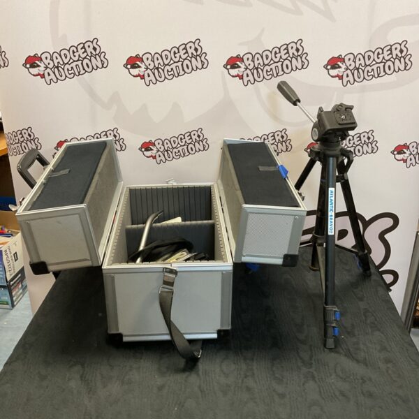 Aluminium camera case and tripod for photography equipment.