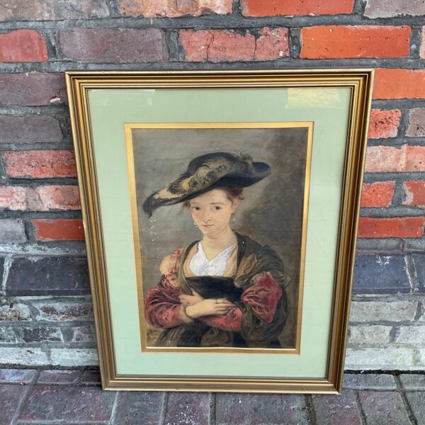Antique Rubens watercolour portrait of a lady with a chapeau de poil.