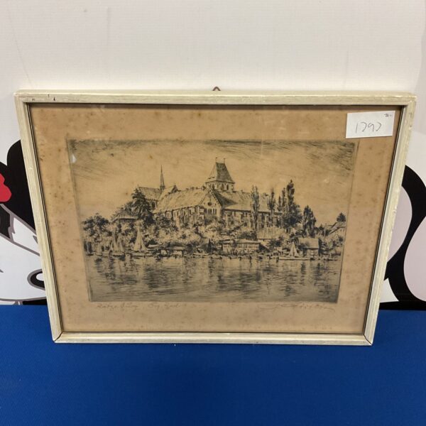 Antique woodblock print of Ratzeburg Castle, a detailed German landscape.