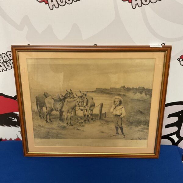 Antique "His Last Penny" print by W Weekes featuring a boy and donkeys.