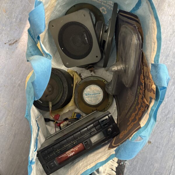 Vintage car audio lot with Saisho tape player and Panasonic speakers.